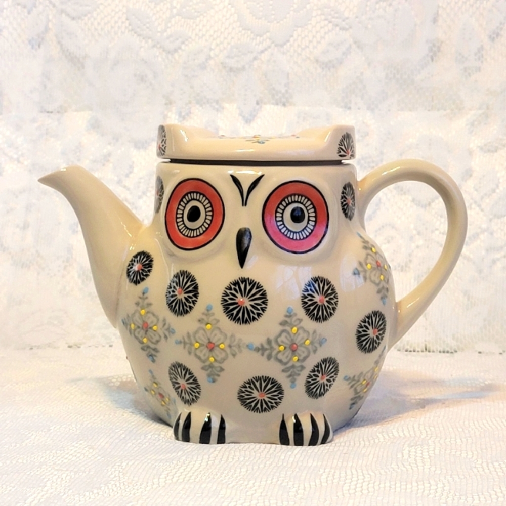 Hand Painted Ceramic Owl Teapot Colorful Folk Art Tea Pot with Lid Whimsical Owl